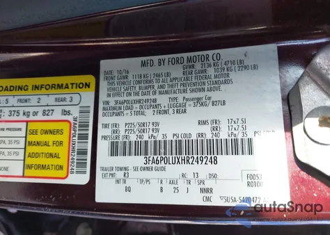 2017 Ford Fusion Hybrid Se z USA, uszkodzony, nr VIN 3FA6P0LUXHR249248